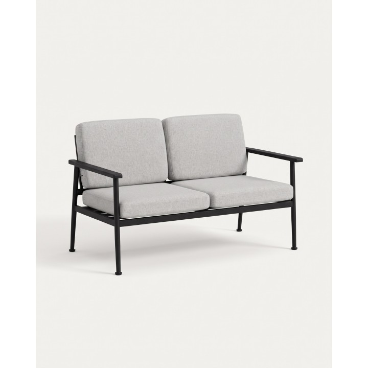 Black steel 2-seater sofa with grey cushions – product view