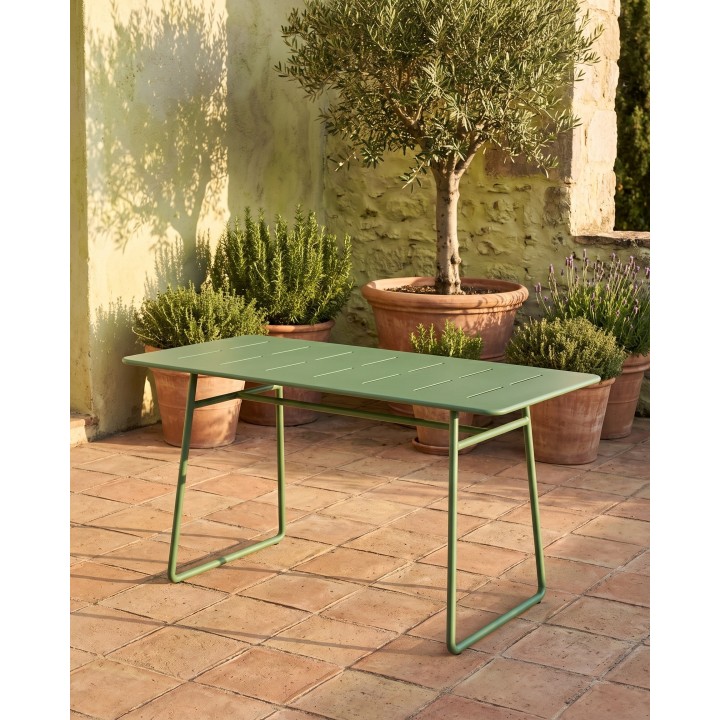 219 cm green steel high table – in situ