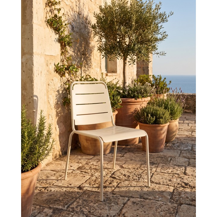 Steel chair with slotted back, white – in situ