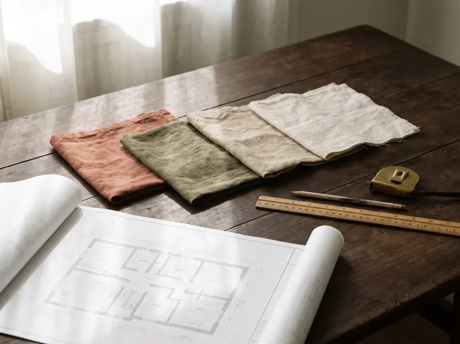 Échantillons de lin et plans d’architecte